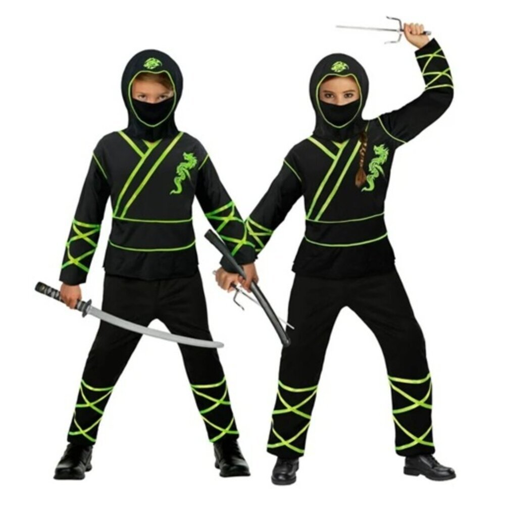 Youth Ninja Glow In Dark Costume Size L Black Green Dragon Hood Halloween Set